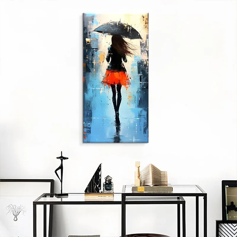 Hand painted modern abstract oil painting of people walking in rain on canvas for living room decoration