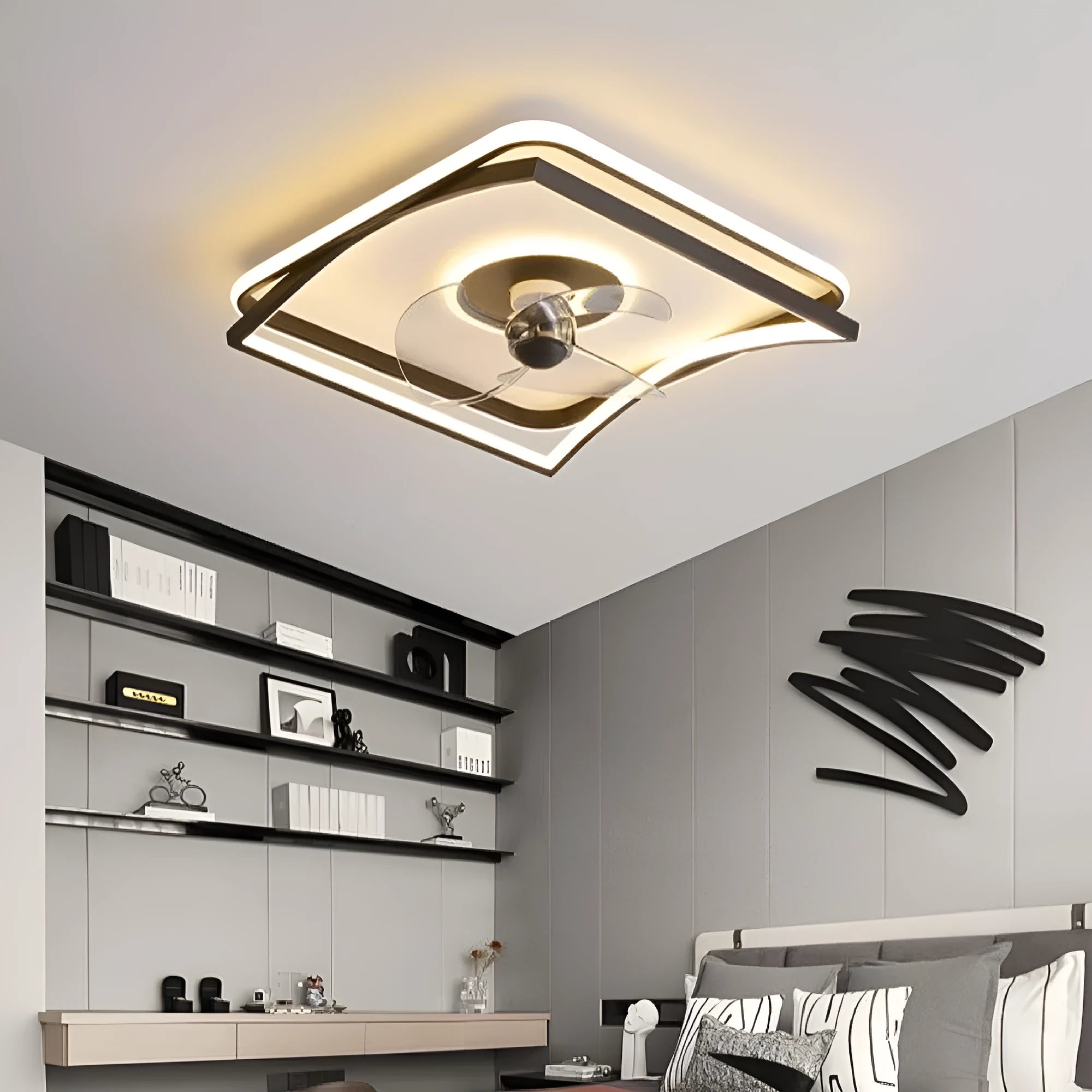 Modern black ceiling fan with integrated light in round, square, and annular styles.