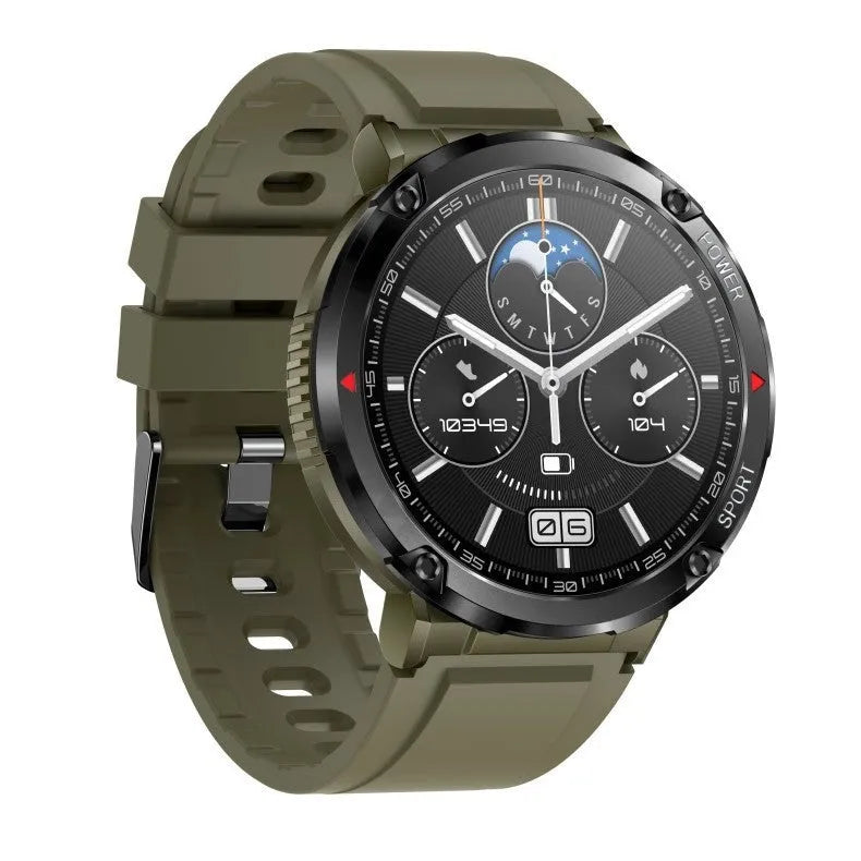 T30 smart watch with black silicone strap showing health stats on a circular 52mm screen.