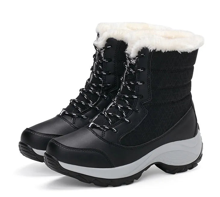 Women's high-top snow boots with synthetic leather upper, cross strap detail, and round toe, available in black