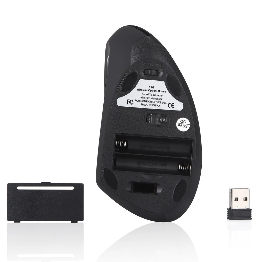 Wireless vertical left hand mouse in black with ergonomic design and thumb buttons