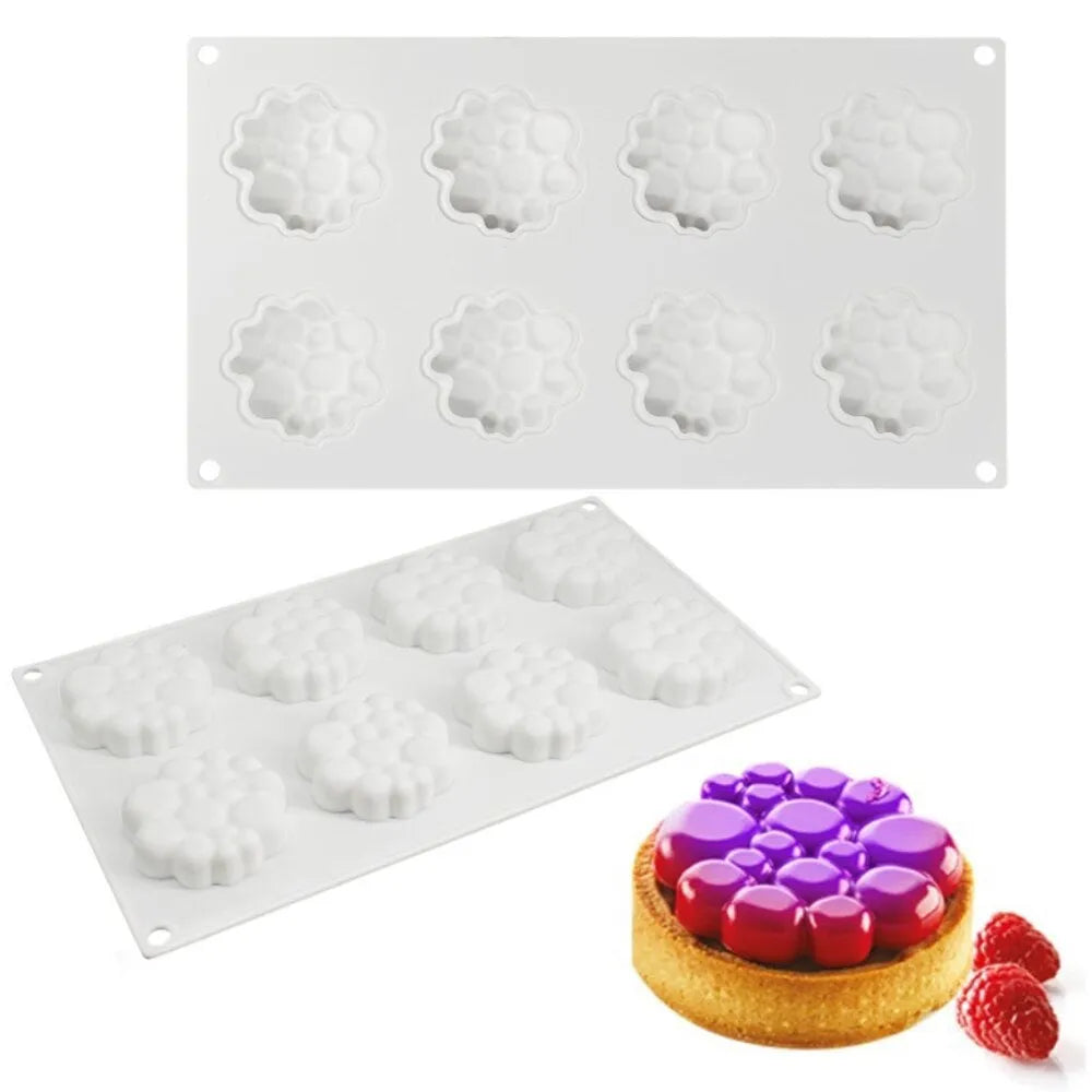 Round silicone cake mould with 8-bubble tower pattern design for baking and dessert preparation