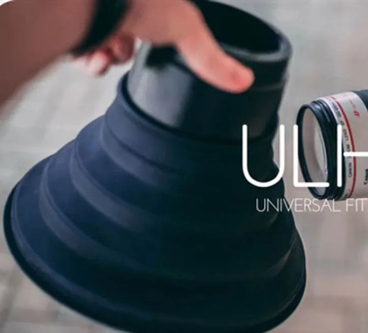 Black conical silicone lens hood for cameras to block glare during window photography