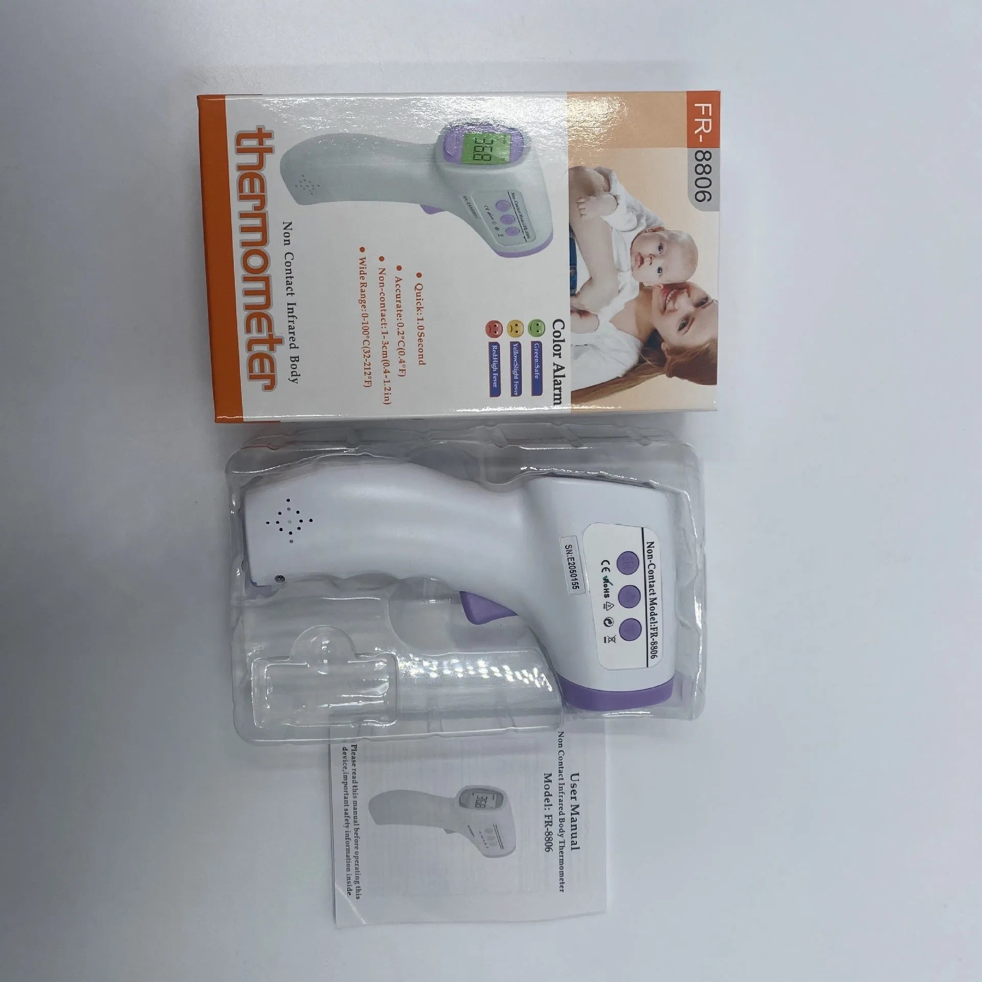White digital non-contact thermometer for one-touch temperature measurement.