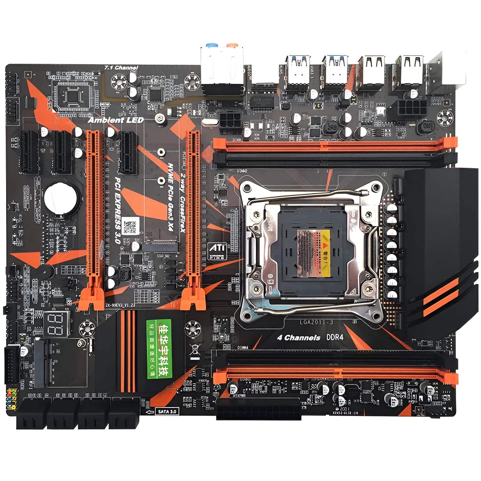 Black X99 ATX motherboard with LGA2011-3 socket, four DDR4 slots, PCI-E slots, and M.2 interface.