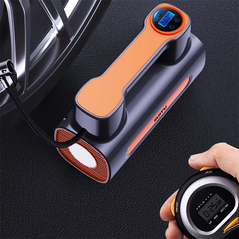 Portable wireless car tyre inflator with digital display showing pressure readings