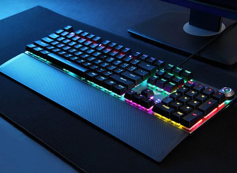F2088 wired USB mechanical keyboard in black and cyan blue with hand rest on desk
