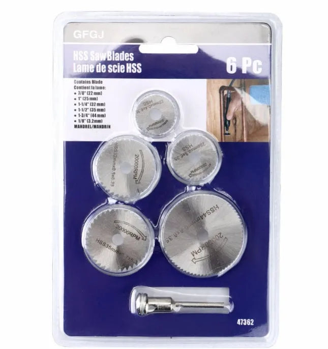 Set of six high-speed steel circular saw blades and a mandrel on a white background