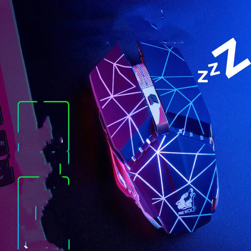 Black rechargeable wireless gaming mouse with six buttons on a desk.