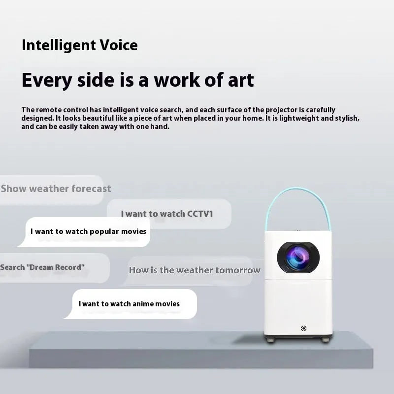 Smart HD home projector with remote control showing 1280x800 resolution display
