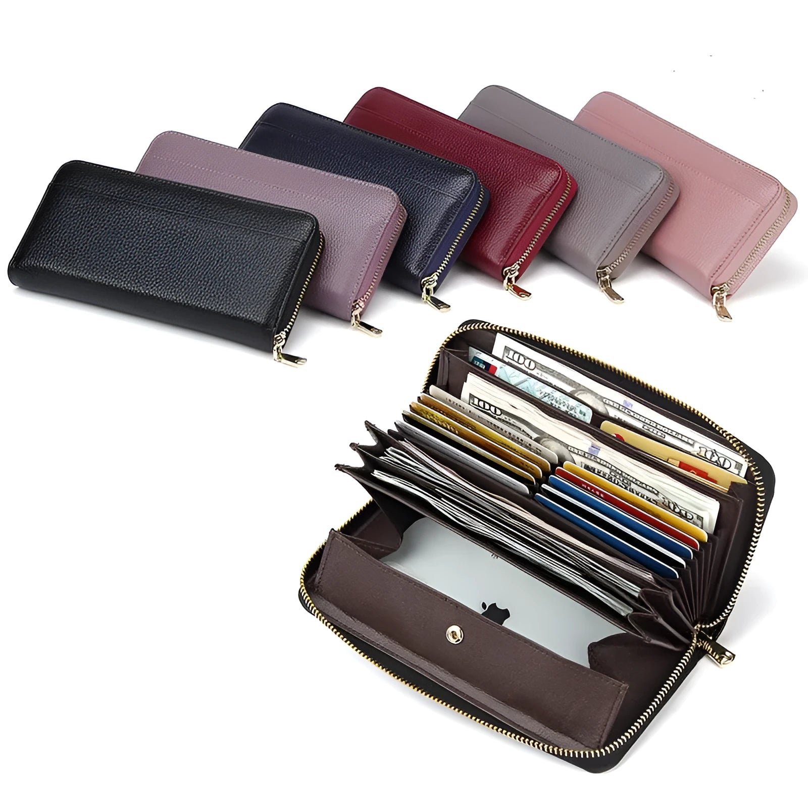 Women's long genuine leather wallet in a choice of six colours showing large capacity and anti-theft card slot.