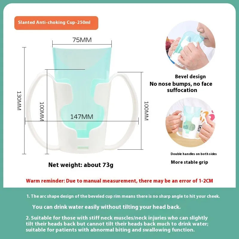 Adult polypropylene drinking cup with oblique choke-proof spout, lid, handle, and optional wrist splint.