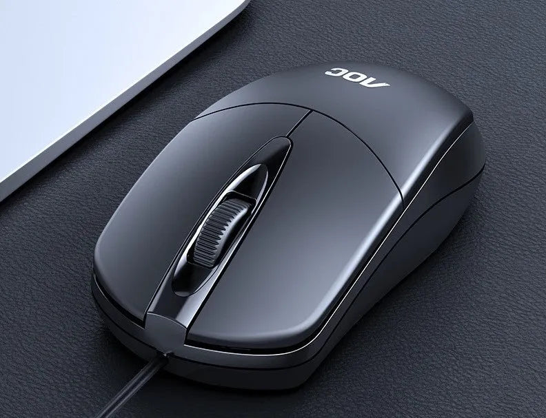 Black wired USB photoelectric mouse MS121 on a desk for home office or business use
