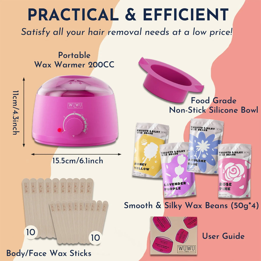 27-piece hair removal wax kit with electric warmer, four coloured wax pots, and applicator sticks.