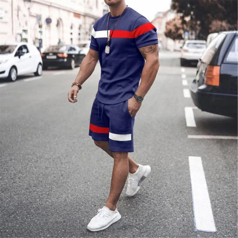 Men's casual printed t-shirt and shorts set in polyester, available in multiple colour options and sizes S to 6XL
