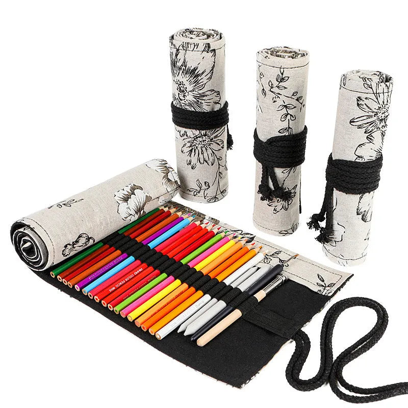 Black peony floral print canvas pencil roll bag unrolled to show 24 pencil sleeves
