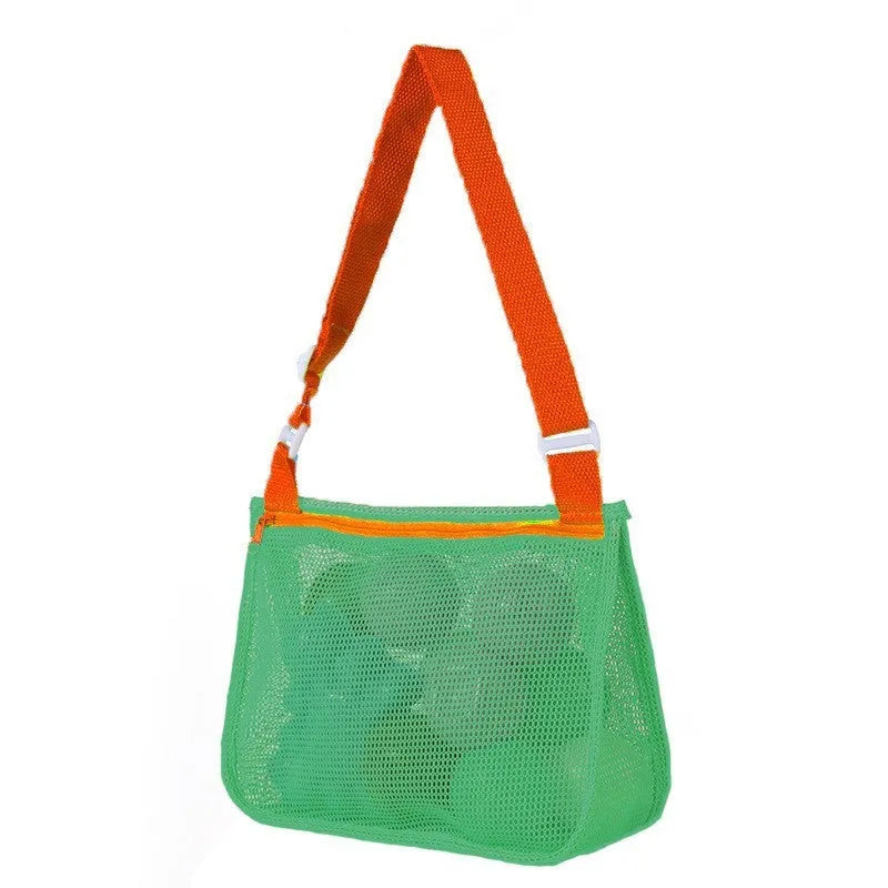 Blue nylon mesh travel storage bag with zip closure for children's toys and clothes