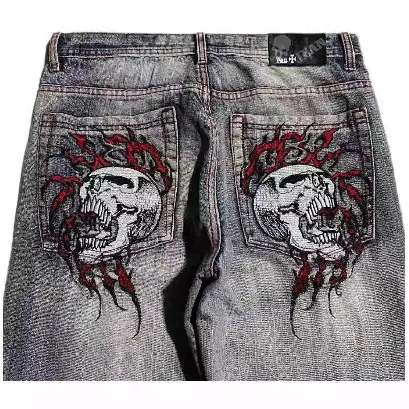 Men's grey washed-out wide-leg denim jeans with a straight leg and mid-waist design