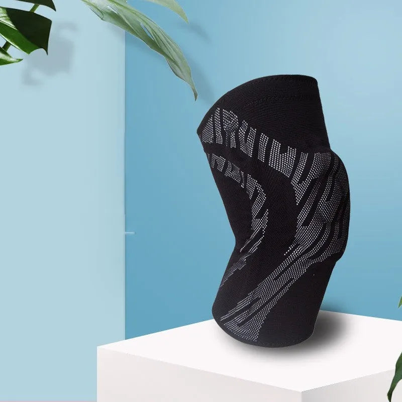 Black and blue basketball knee pads for men showing adjustable sizing options