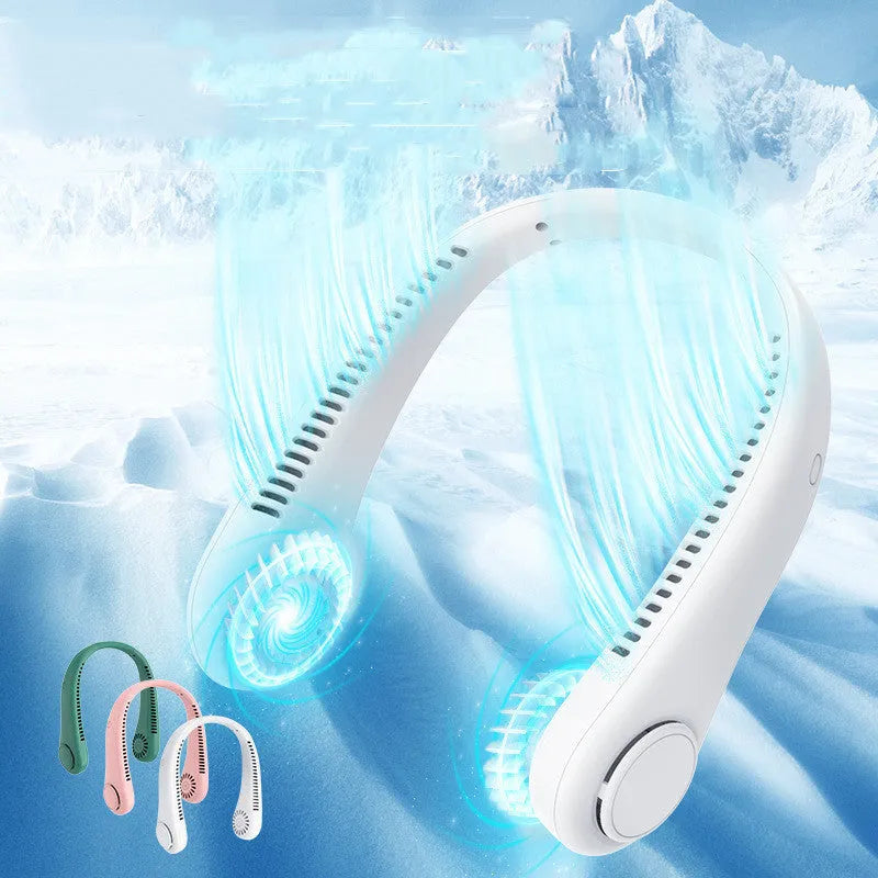 White bladeless neck fan hanging around neck showing annular air outlet design