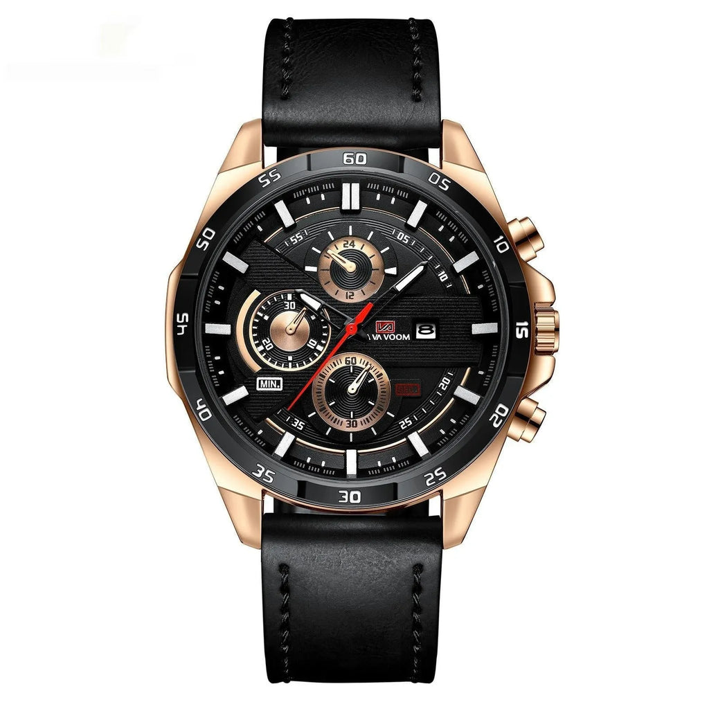 Men's casual watch with brown leather strap, white dial, rose gold case, and day-date window.