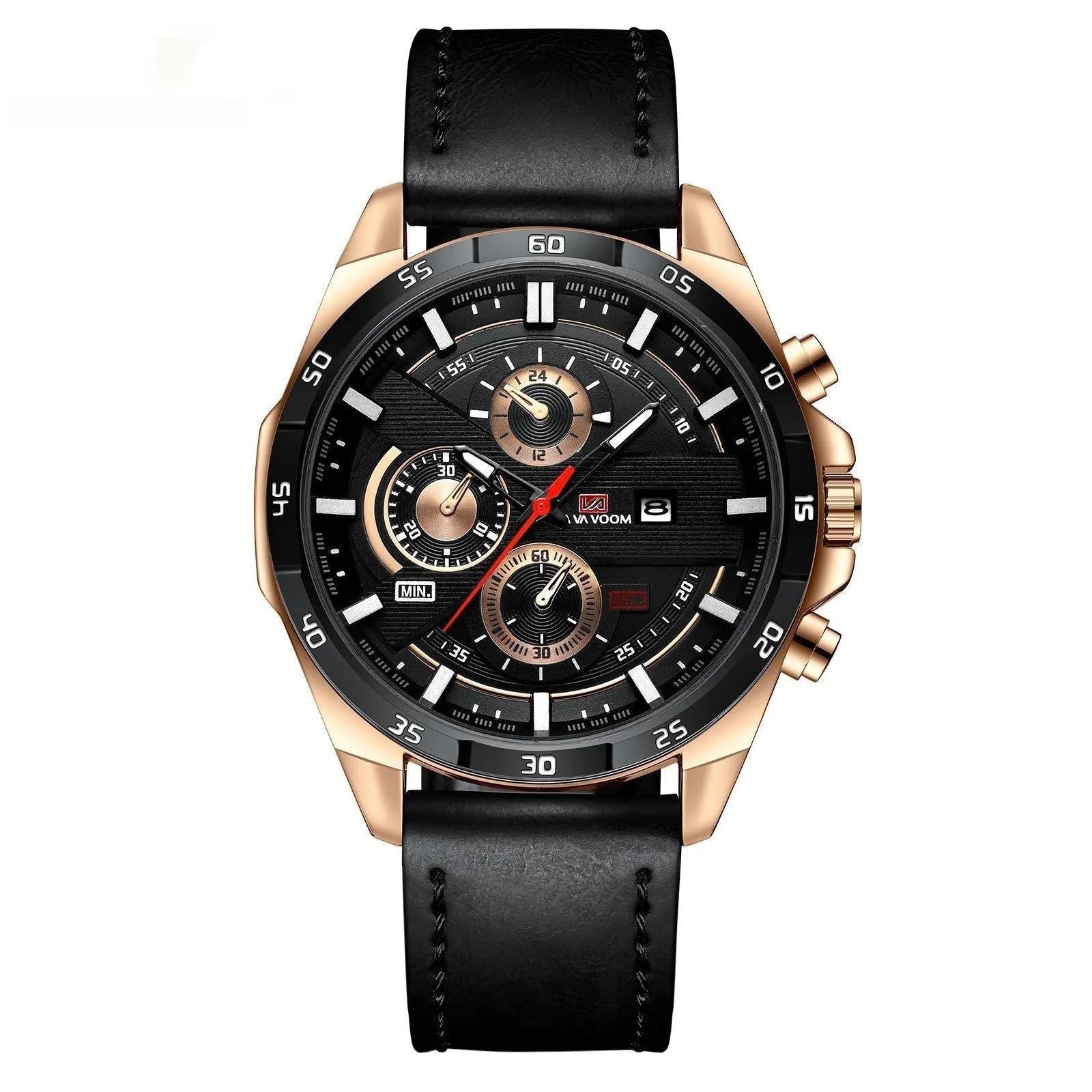 Men's casual watch with brown leather strap, white dial, rose gold case, and day-date window.