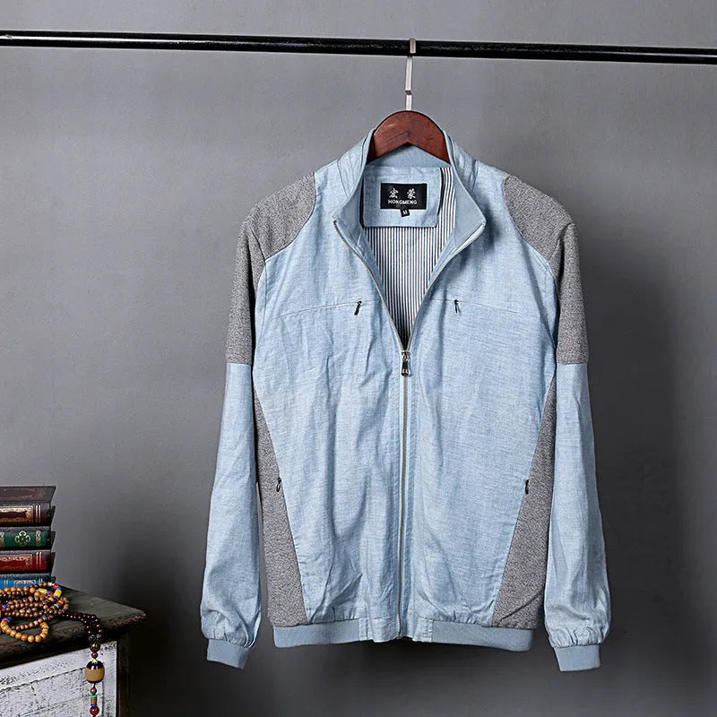 Men's thin blue linen casual jacket with a regular fit on a hanger.