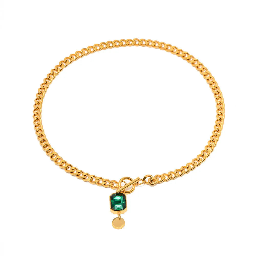 Gold titanium steel necklace with emerald zircon pendant and Cuban link chain