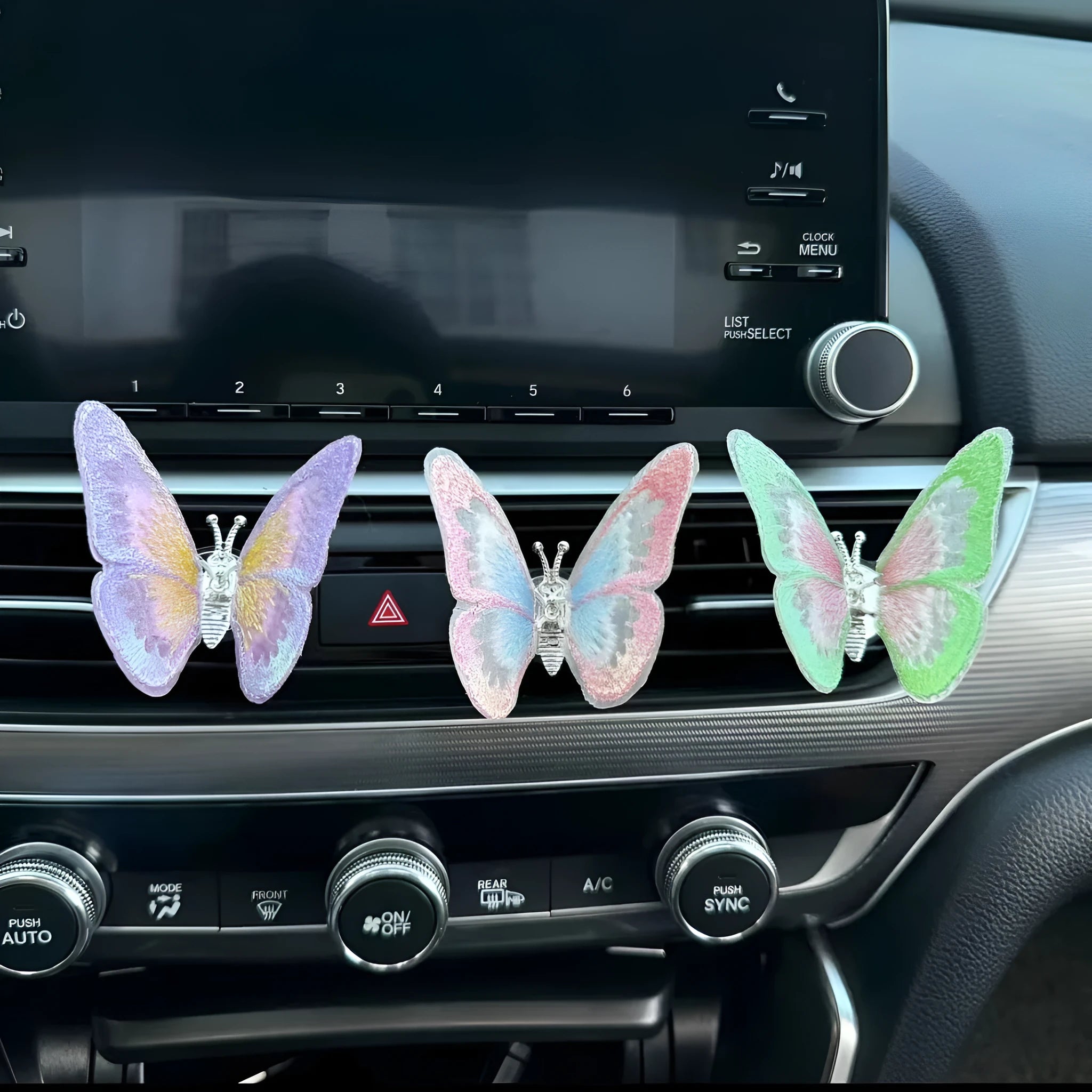Moving embroidery butterfly fabric car centre console air vent decoration in multiple colour options
