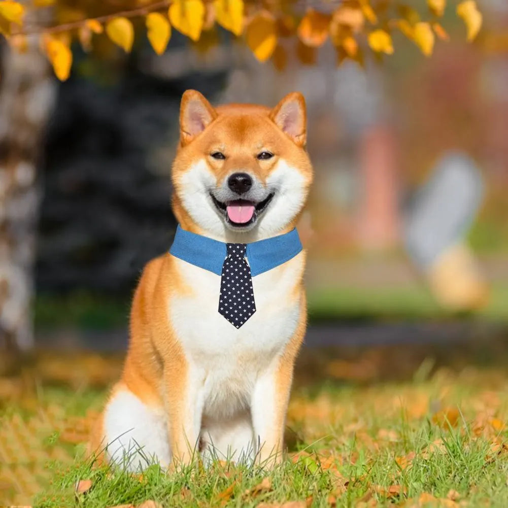 Denim pet collar with star pattern necktie on adjustable fastener tape for dogs
