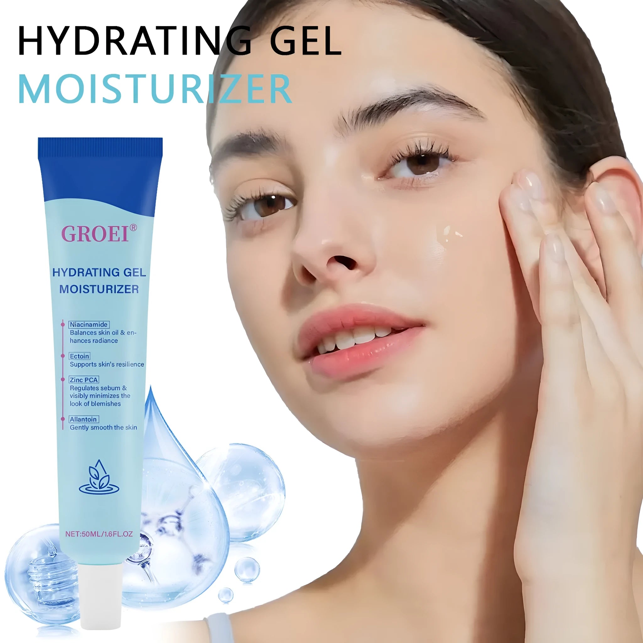 50ml moisturising facial gel with hyaluronic acid in container