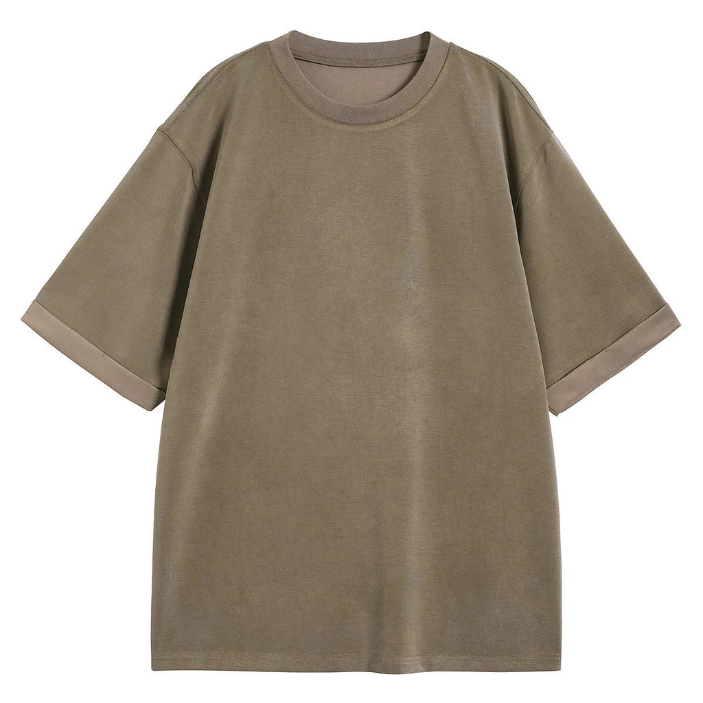 Men's loose drape knit t-shirt in black solid colour with short sleeves casual style