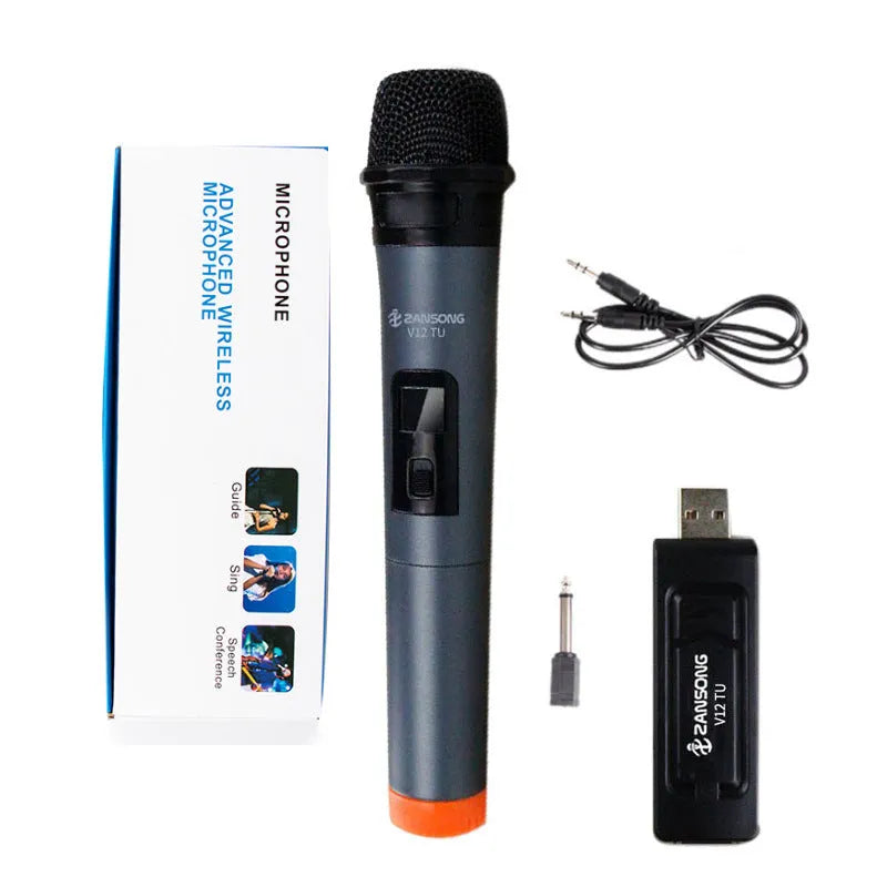 Black ZANSONG V12 wired dynamic handheld microphone with USB receiver and audio cable.