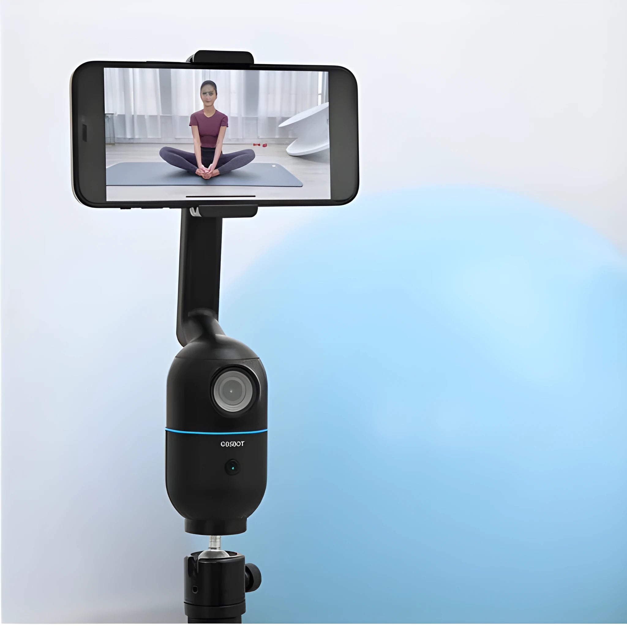 Black folding phone bracket with PTZ head extended on a tripod, showing phone clamp and control paddle