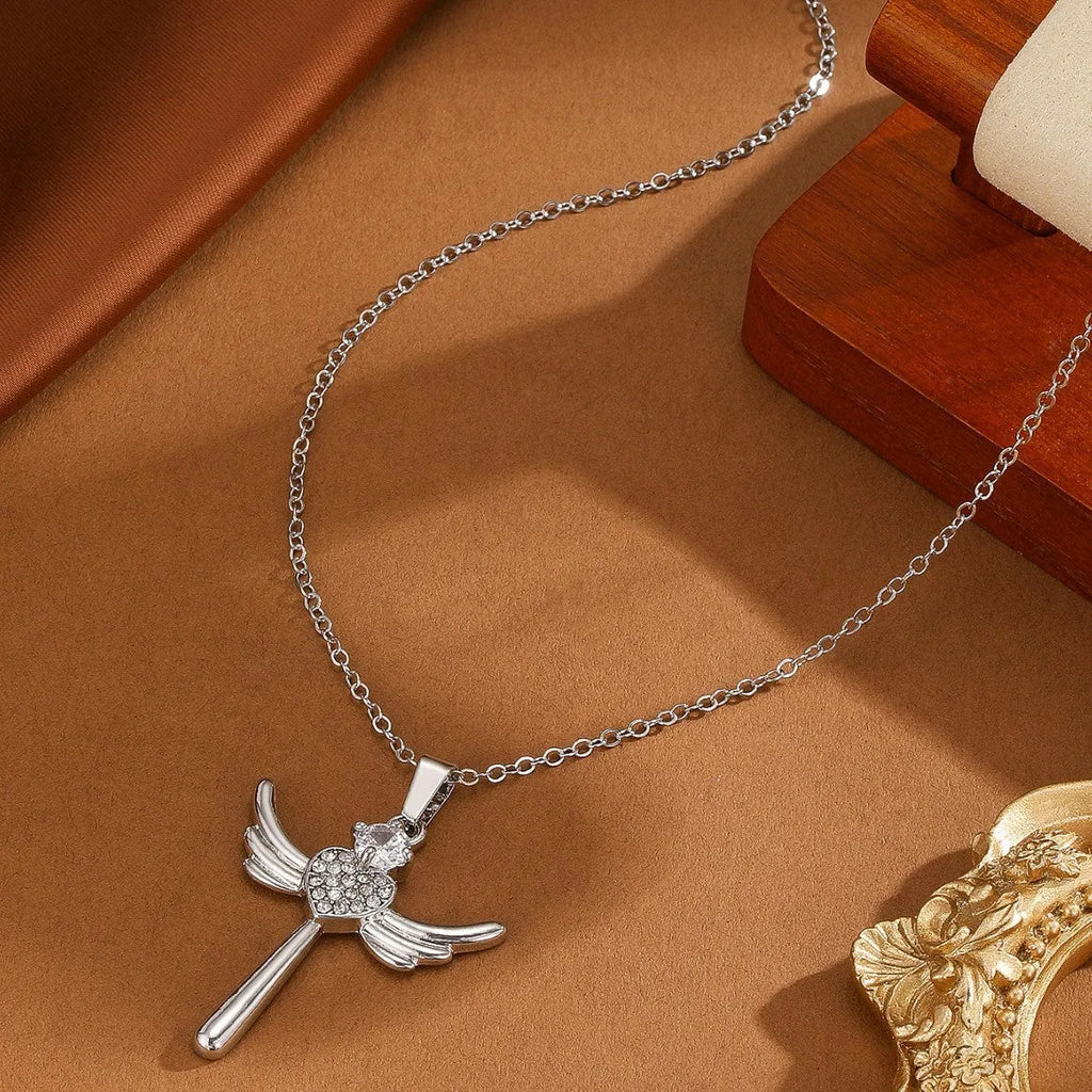 Silver titanium steel heart-shaped angel wings pendant clavicle chain cross necklace for women
