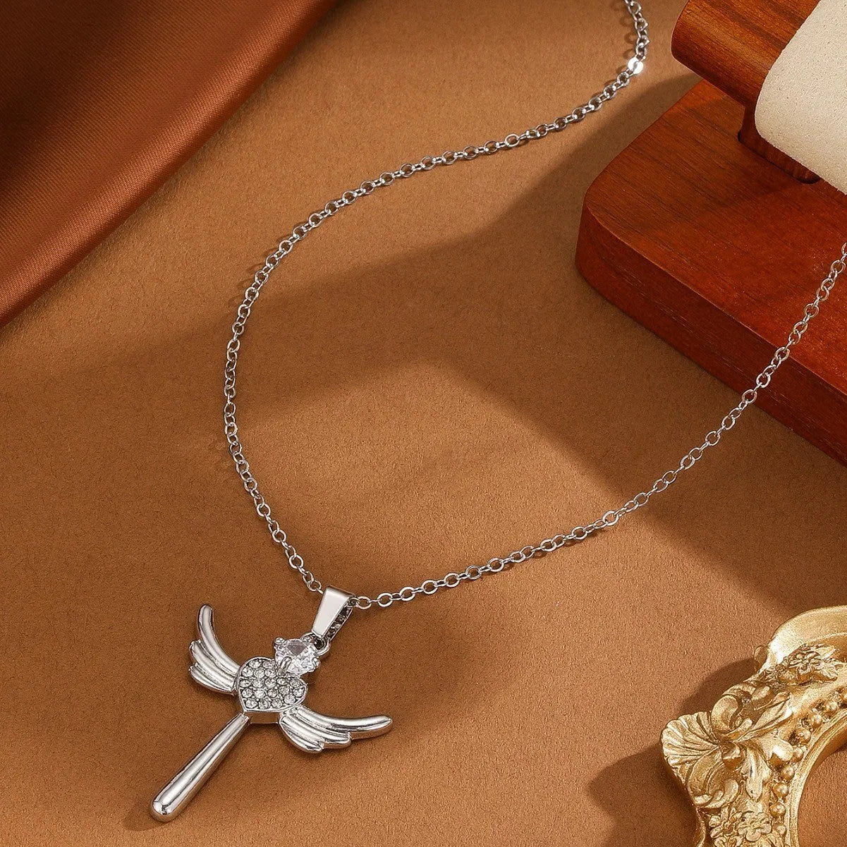 Silver titanium steel heart-shaped angel wings pendant clavicle chain cross necklace for women