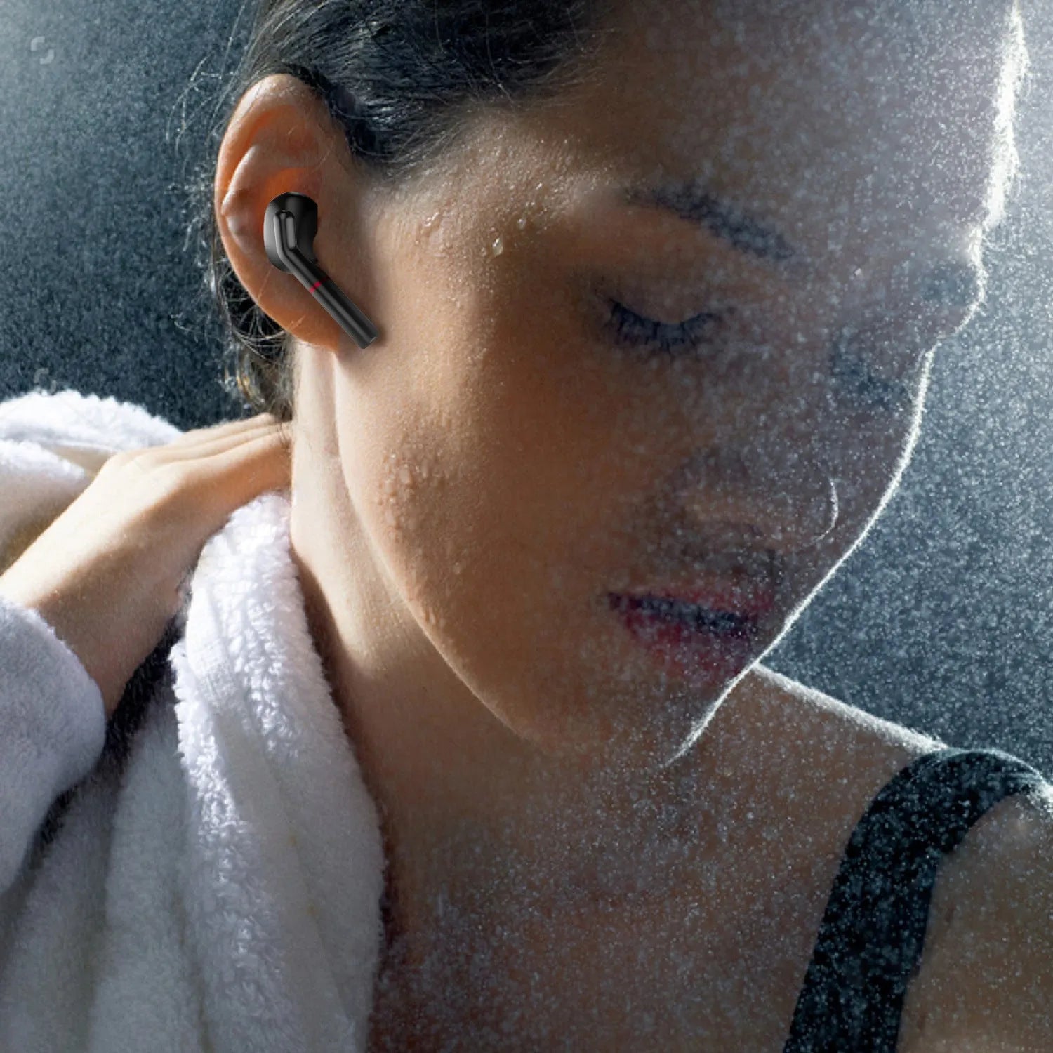 Black and white Bluetooth wireless earphones with charging case showing V5.0 technology