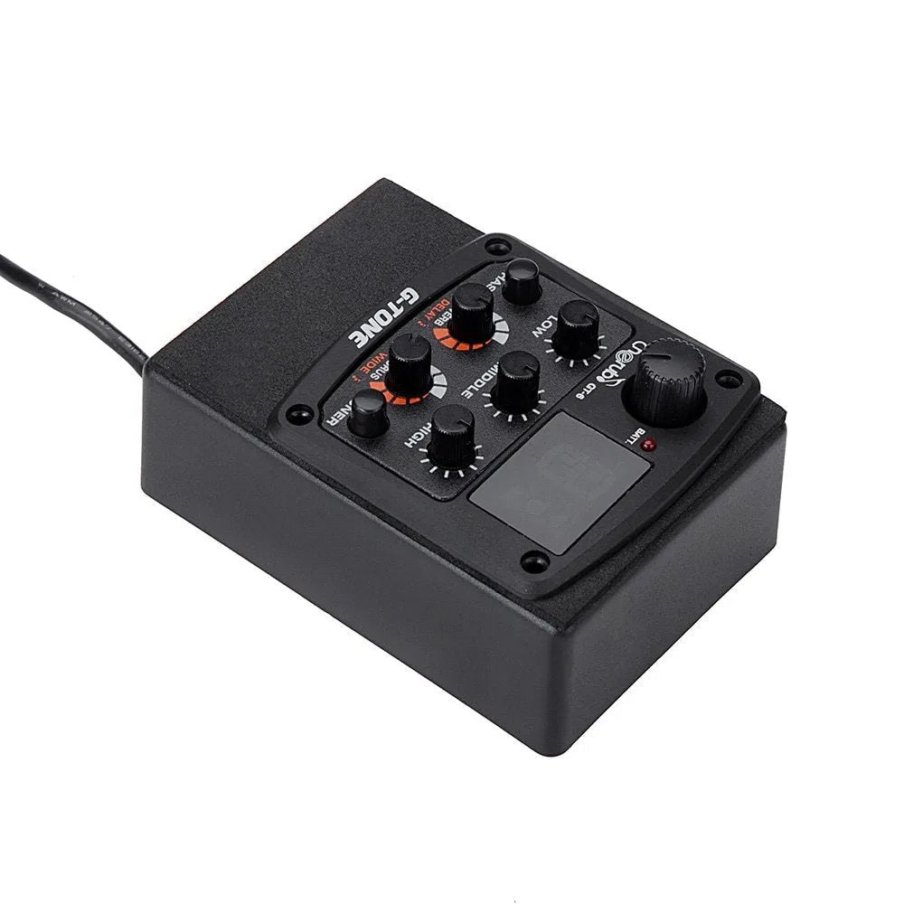 Cherub GT-6 black acoustic guitar preamp with EQ knobs and effects controls for soundhole mounting.