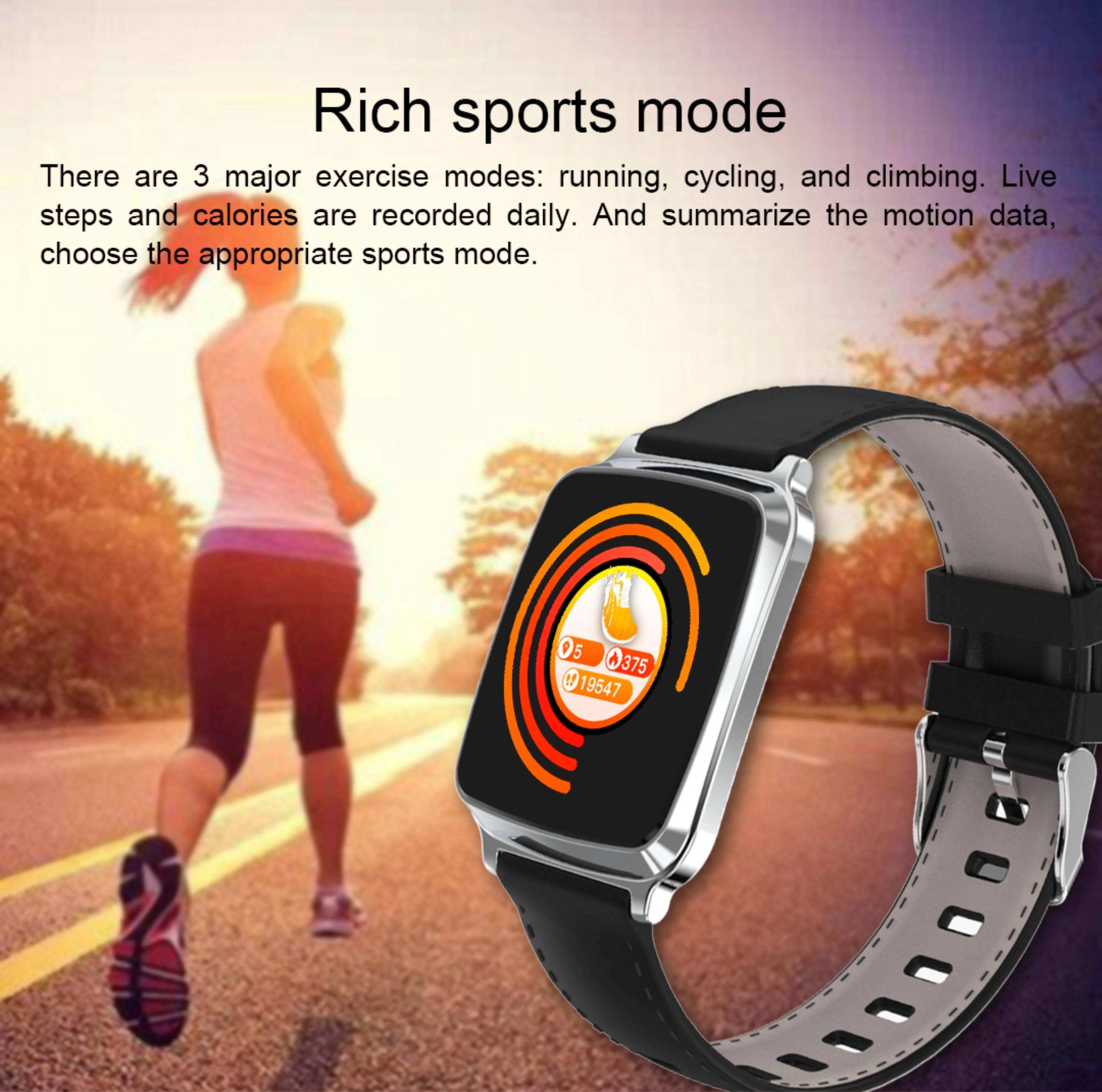 M8 smart fitness bracelet in black on a wrist, showing heart rate data on its full-touch screen.