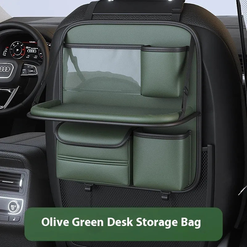 Leather car seat storage bag with foldable dining table in obsidian black colour