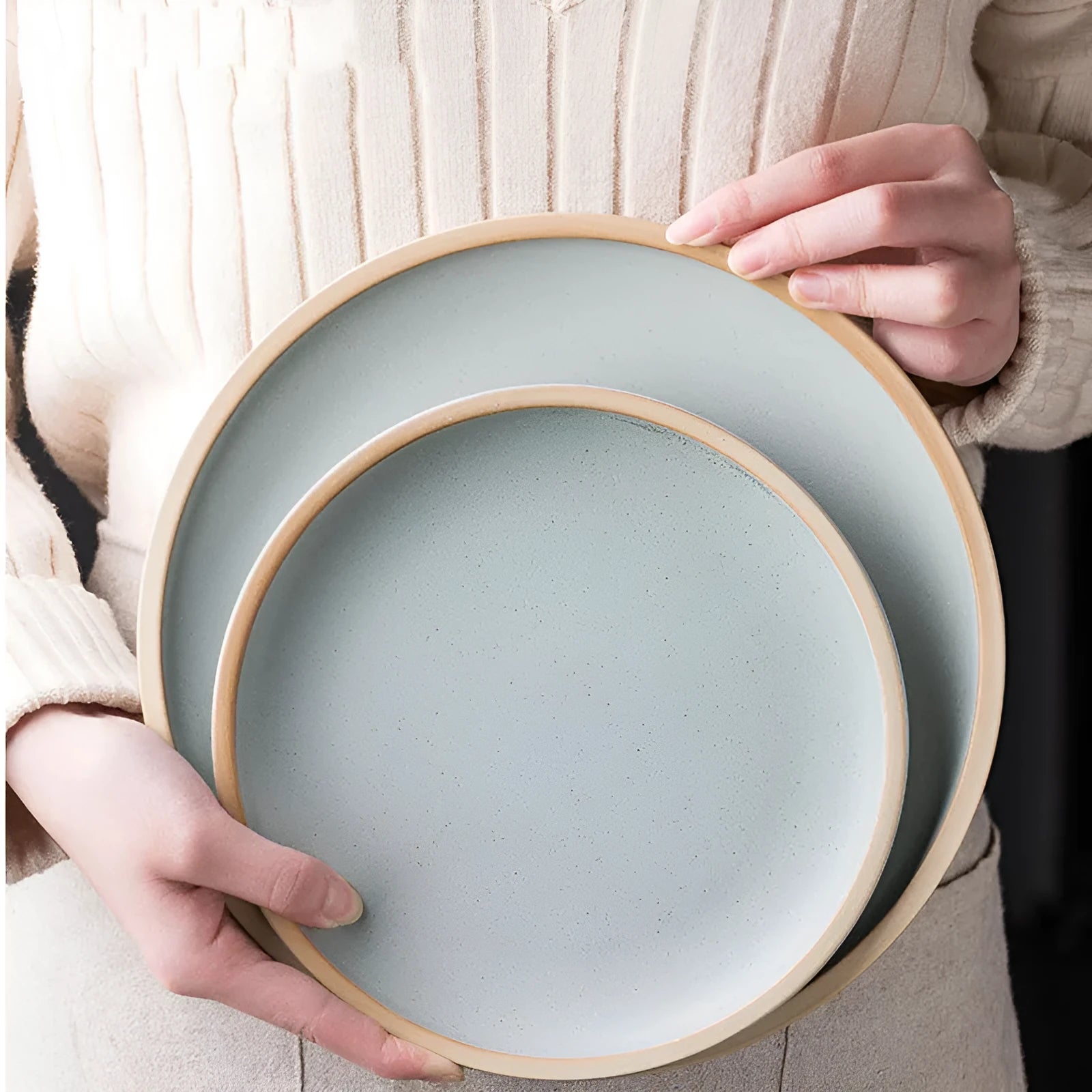 Blue matte ceramic plate with 10 inch diameter on table setting