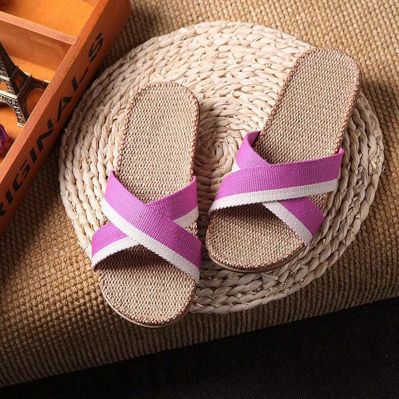 Open toe linen home slippers with EVA sole, 1.5-3.5cm thick, in assorted colours