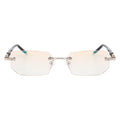 Black metal diamond-cut reading glasses with tan accents on the temples, unisex design, available in 100 to 400 degree strengths.