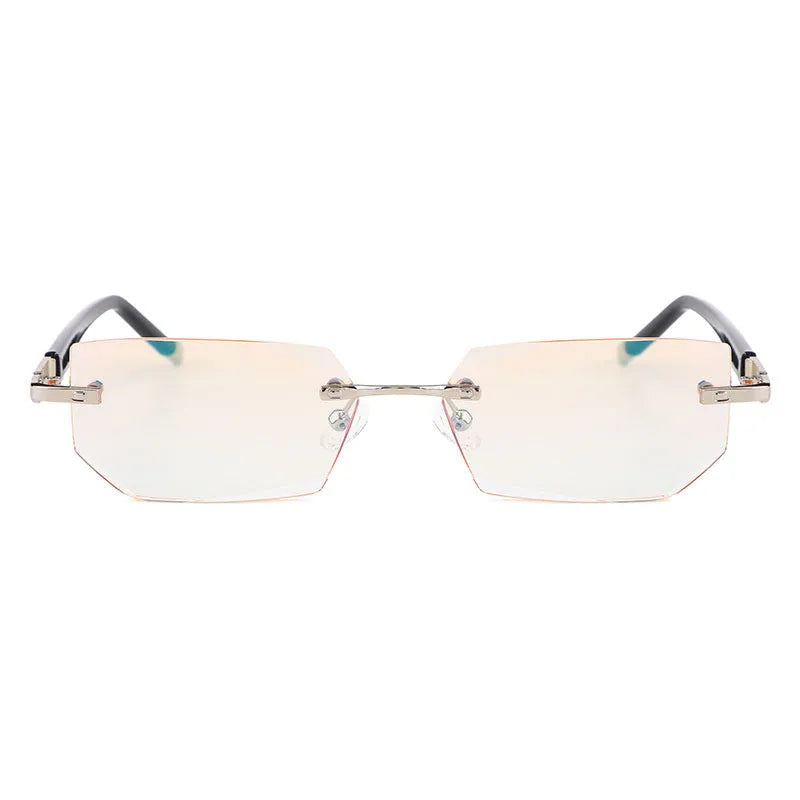 Black metal diamond-cut reading glasses with tan accents on the temples, unisex design, available in 100 to 400 degree strengths.