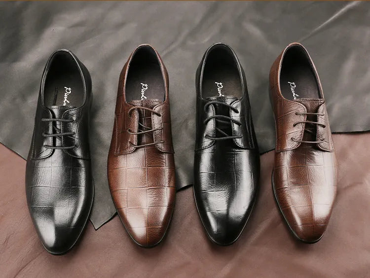 Men's black checkered cowhide Derby shoes with pointed toe and rubber sole.