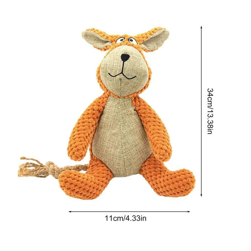 Four animal-shaped dog plush toys: donkey, elephant, orangutan and rabbit designs with squeakers