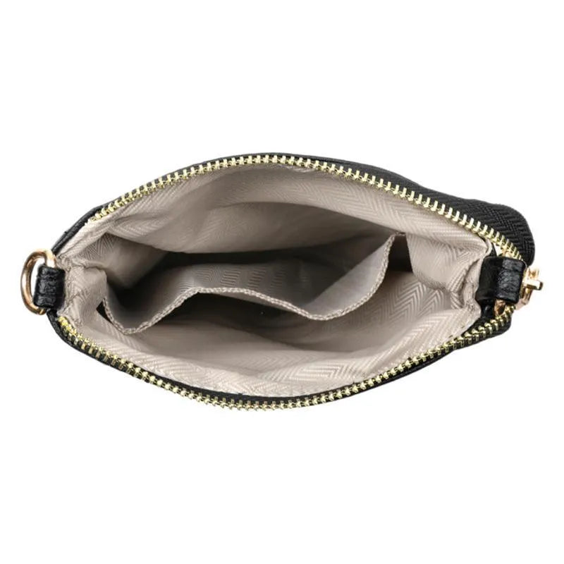 Soft black PU leather square vertical shoulder messenger bag with an external front pocket.