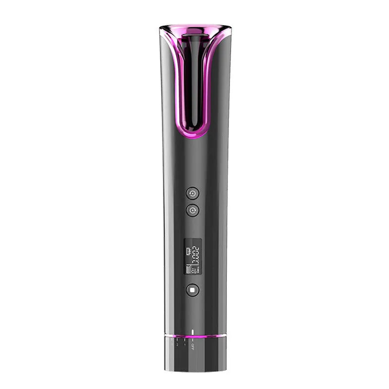 Black automatic USB cordless ceramic curling iron with 16mm to 20mm barrel on a table