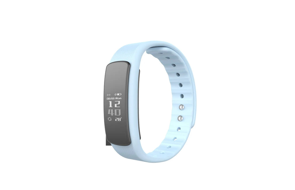 I6 smart sports bracelet with 0.96-inch screen on a TPU wristband, shown in black and green colours.