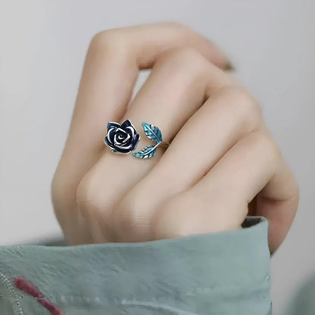 Retro blue enamel rose ring with adjustable copper band, silver or blue colour options, casual women's jewellery.